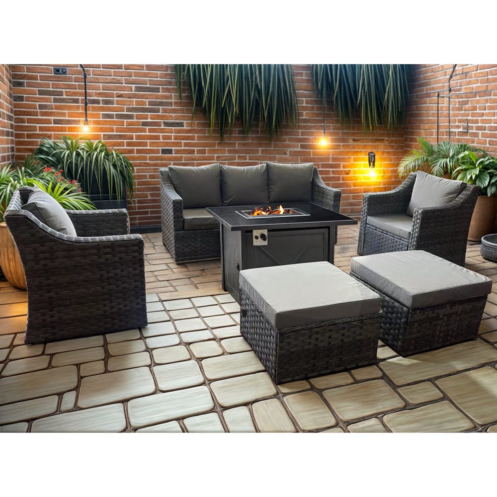 Rosen 7 Seater Grey Rattan Garden Sofa Set With Swivel Chair And Fire Pit  Coffee Table Option