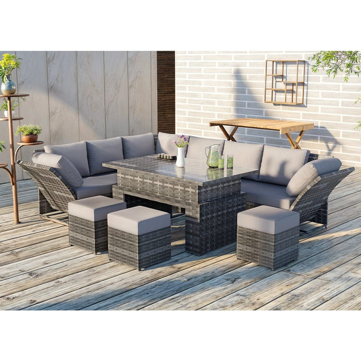 Rosen 9 Seater Rattan Garden Furniture Arm Reclining Corner Sofa Set With Rising Table In Grey