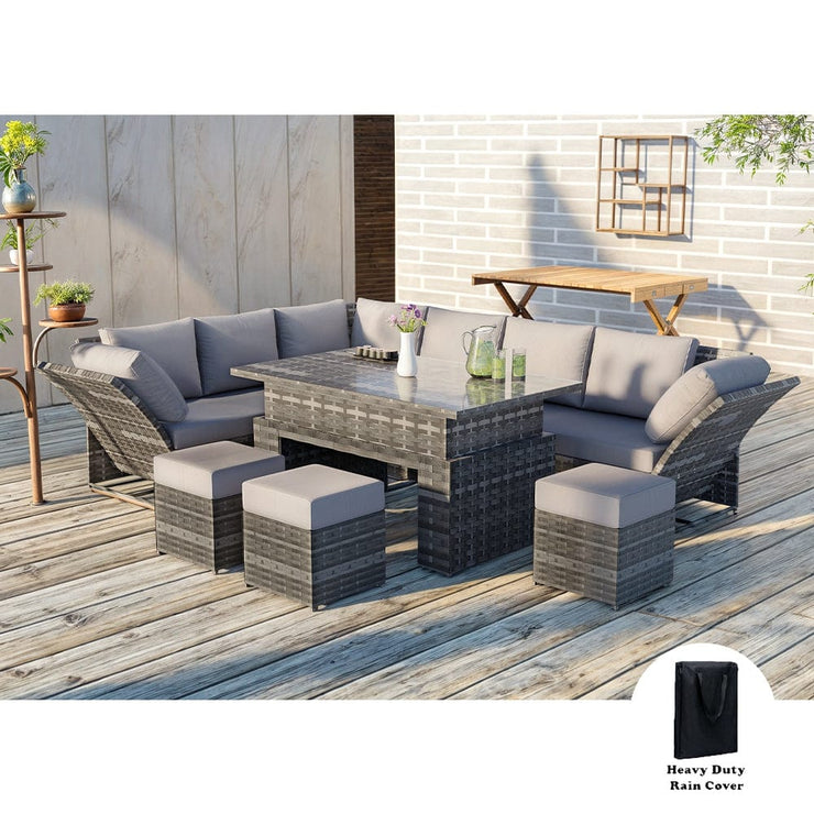 Rosen 9 Seater Rattan Garden Furniture Arm Reclining Corner Sofa Set With Rising Table In Grey