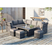 Rosen 9 Seater Rattan Garden Furniture Arm Reclining Corner Sofa Set With Rising Table In Grey