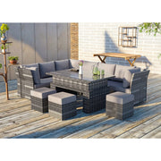 Rosen 9 Seater Rattan Garden Furniture Arm Reclining Corner Sofa Set With Rising Table In Grey