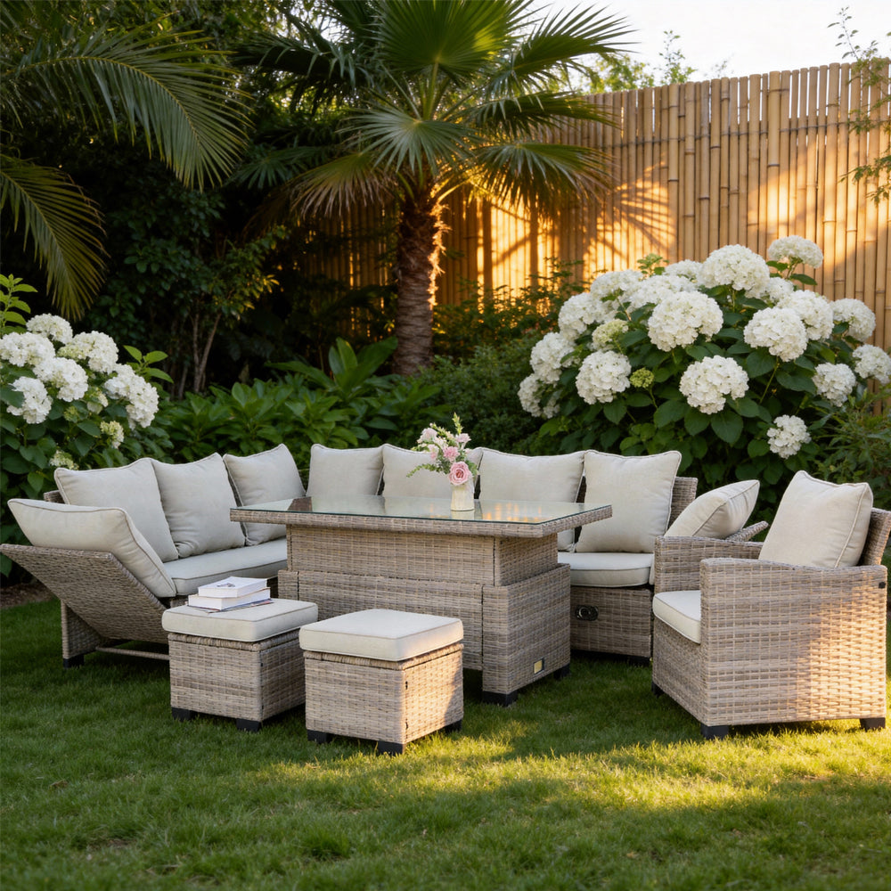 Galle 9 Seater Rattan Garden Furniture Arm Reclining Corner Sofa Set With Rising Table