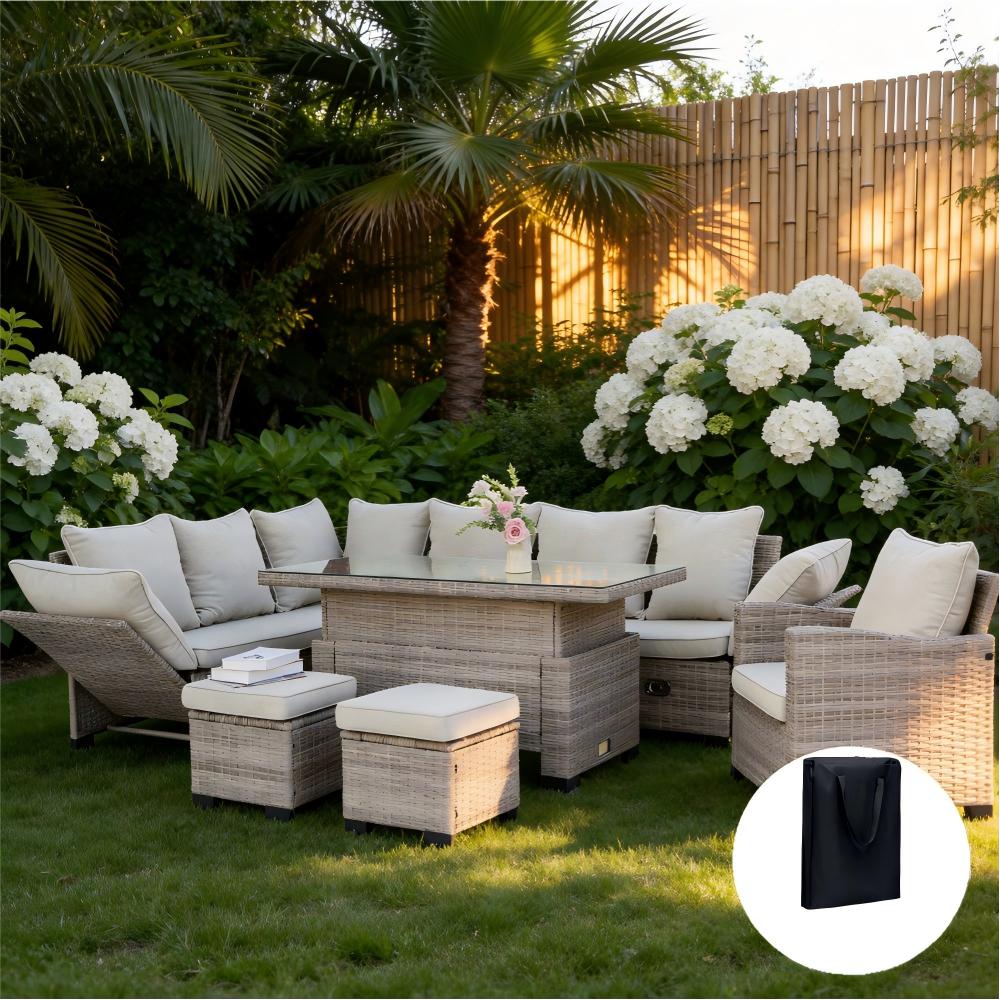 Galle 9 Seater Rattan Garden Furniture Arm Reclining Corner Sofa Set With Rising Table