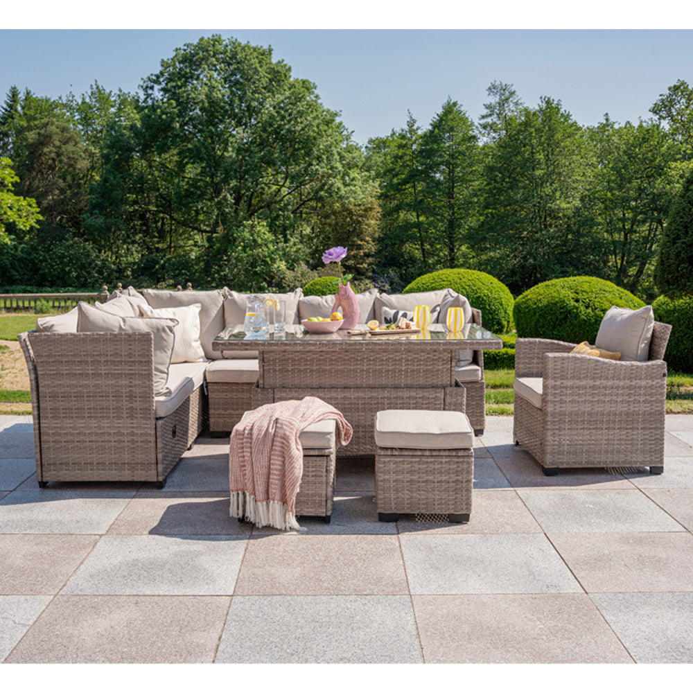 Galle 9 Seater Rattan Garden Furniture Arm Reclining Corner Sofa Set With Rising Table