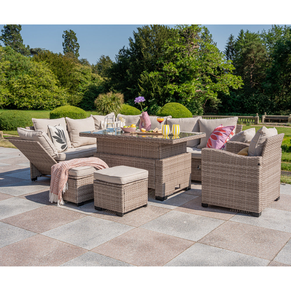 Galle 9 Seater Rattan Garden Furniture Arm Reclining Corner Sofa Set With Rising Table