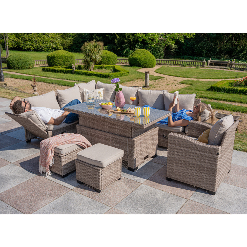 Galle 9 Seater Rattan Garden Furniture Arm Reclining Corner Sofa Set With Rising Table
