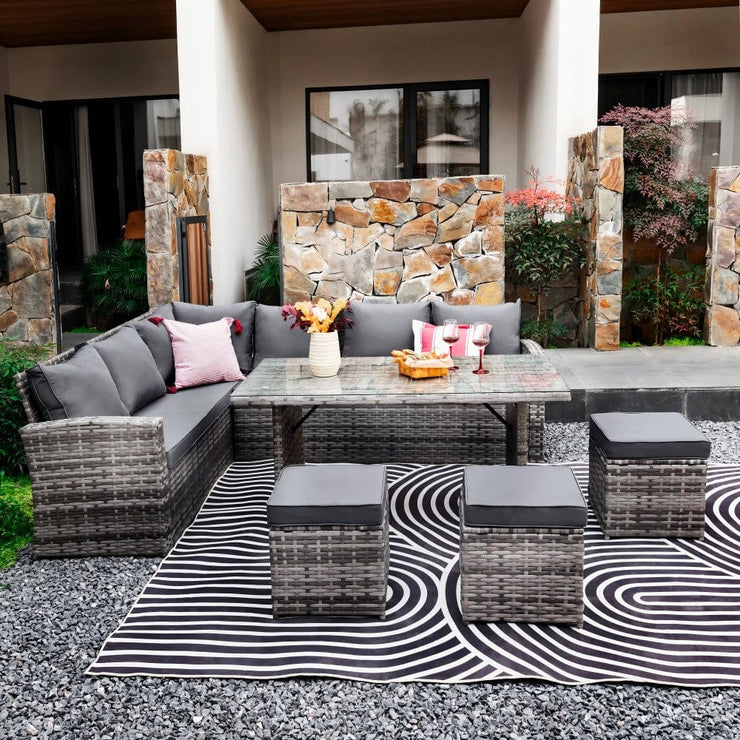 Rosen 9 Seater Rattan Garden Furniture Corner Sofa Dining Set In Grey