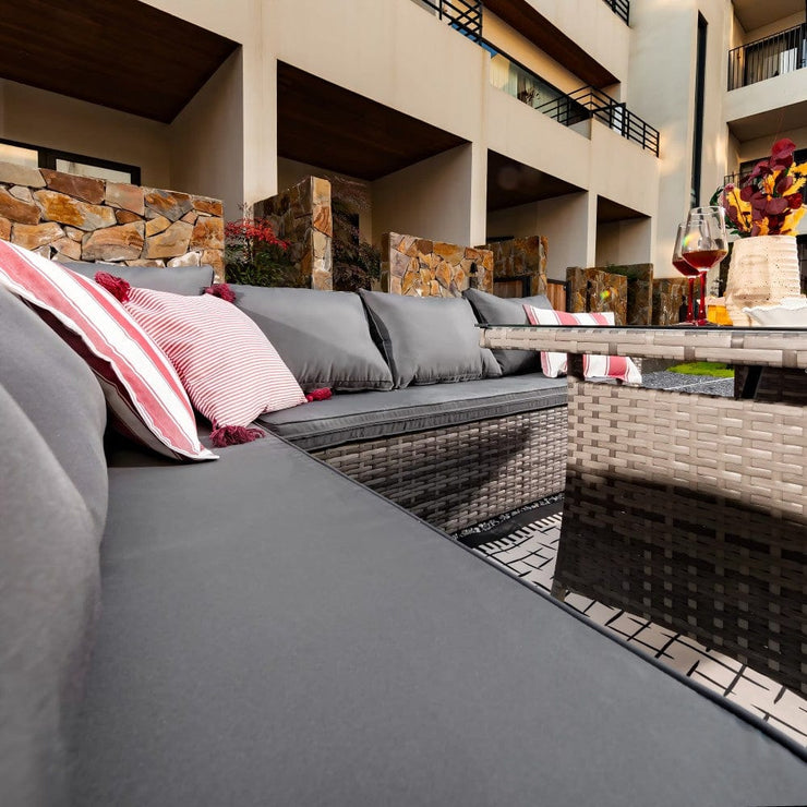 Rosen 9 Seater Rattan Garden Furniture Corner Sofa Dining Set In Grey
