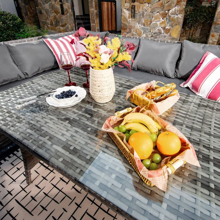 Rosen 9 Seater Rattan Garden Furniture Corner Sofa Dining Set In Grey