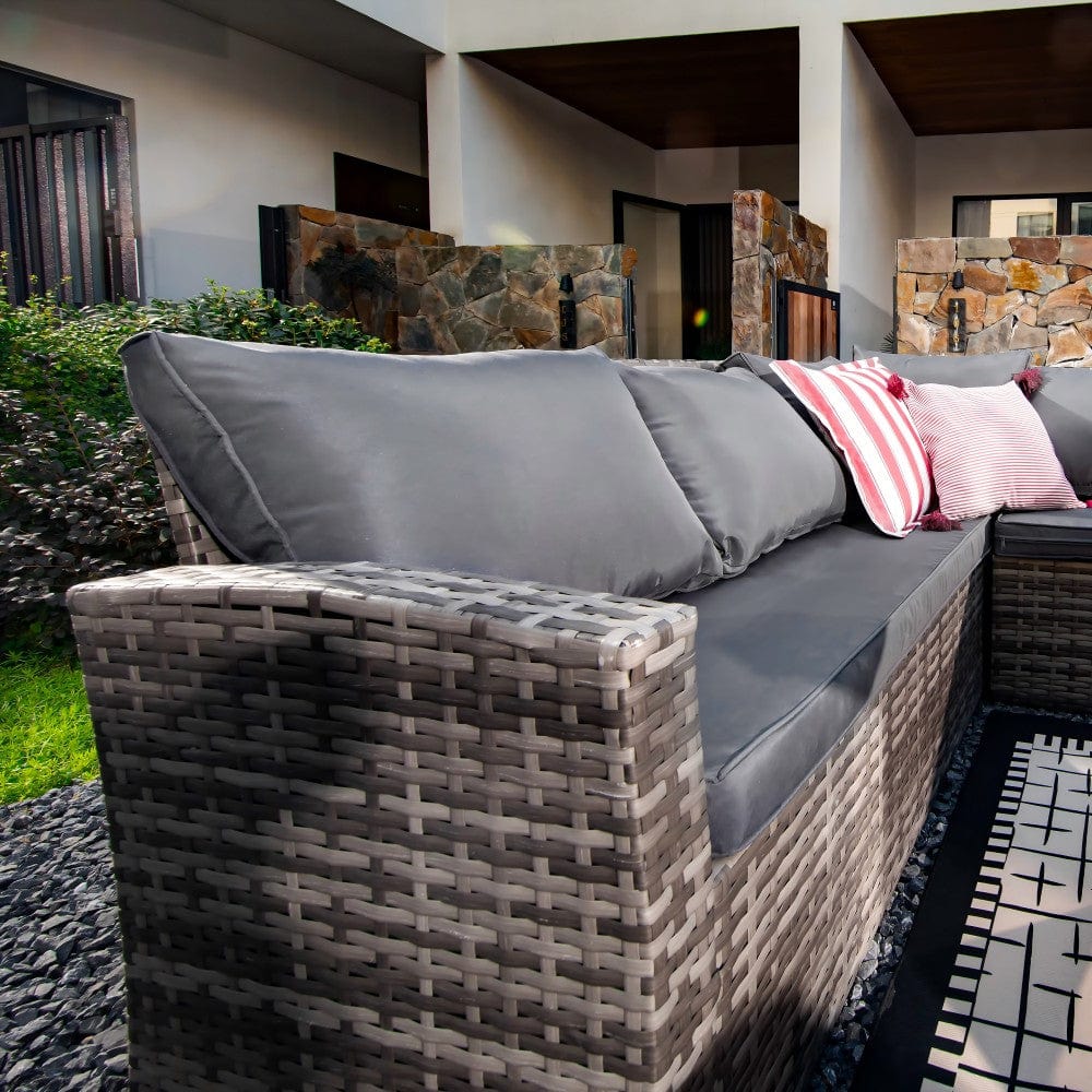 Rosen 9 Seater Fire Pit Rattan Garden Furniture Corner Sofa Cube Set With 2 Benches In Grey