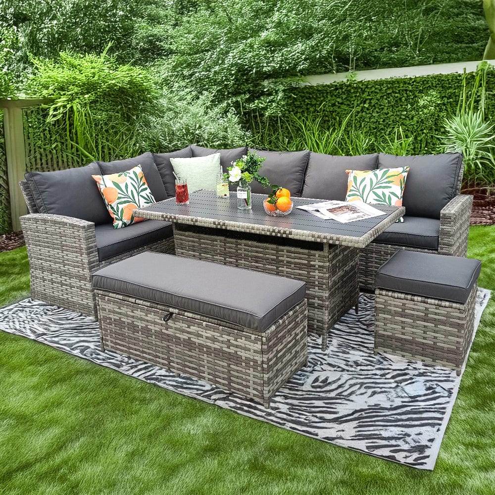 Rosen 9 Seater Rattan Garden Dining Set With Storage Bench And Stool