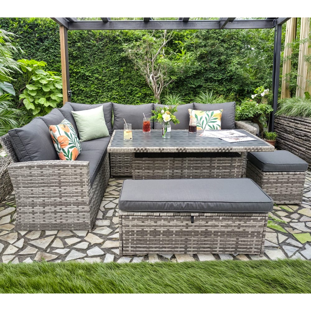 Rosen 9 Seater Rattan Garden Dining Set With Storage Bench And Stool
