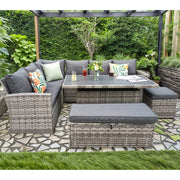 Rosen 9 Seater Rattan Garden Dining Set With Storage Bench And Stool