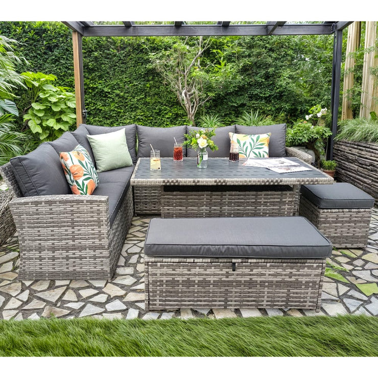 Rosen 9 Seater Rattan Garden Dining Set With Storage Bench And Stool