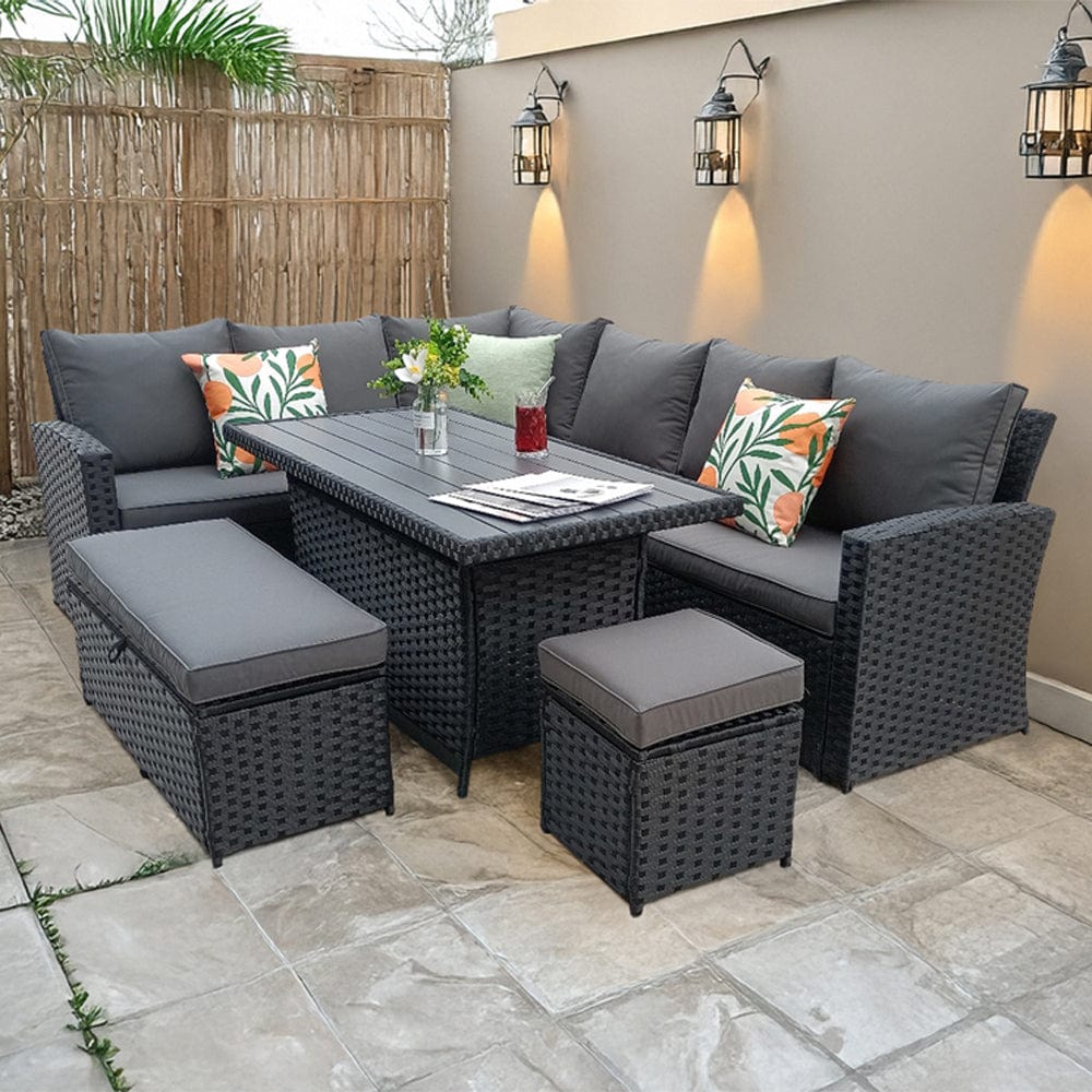 Rosen 9 Seater Rattan Garden Dining Set With Storage Bench And Stool
