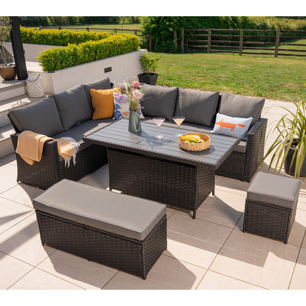 Rosen 9 Seater Rattan Garden Dining Set With Storage Bench And Stool