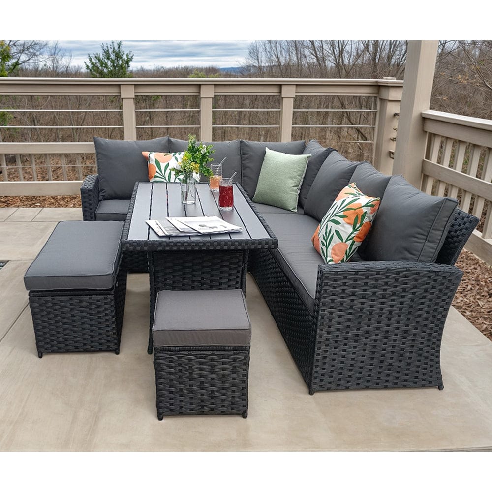 Rosen 9 Seater Rattan Garden Dining Set With Storage Bench And Stool
