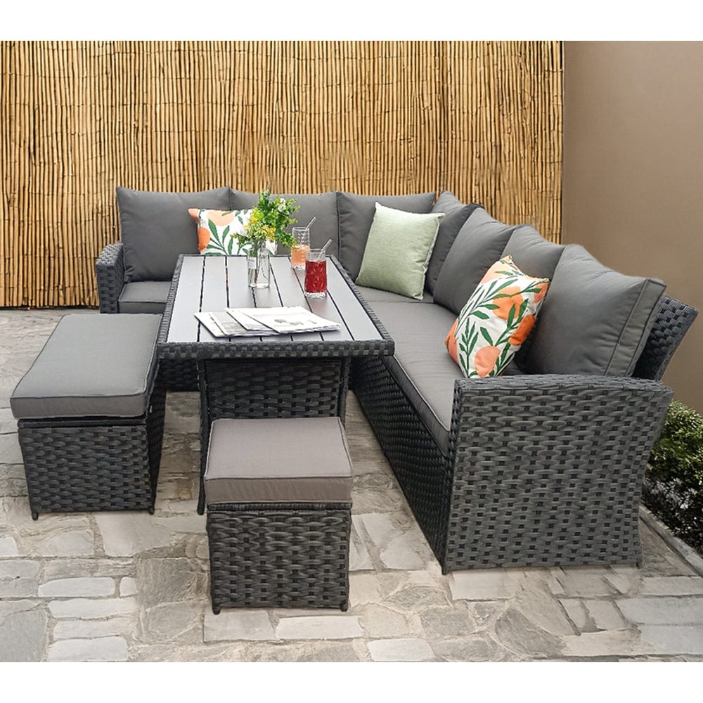 Rosen 9 Seater Rattan Garden Dining Set With Storage Bench And Stool