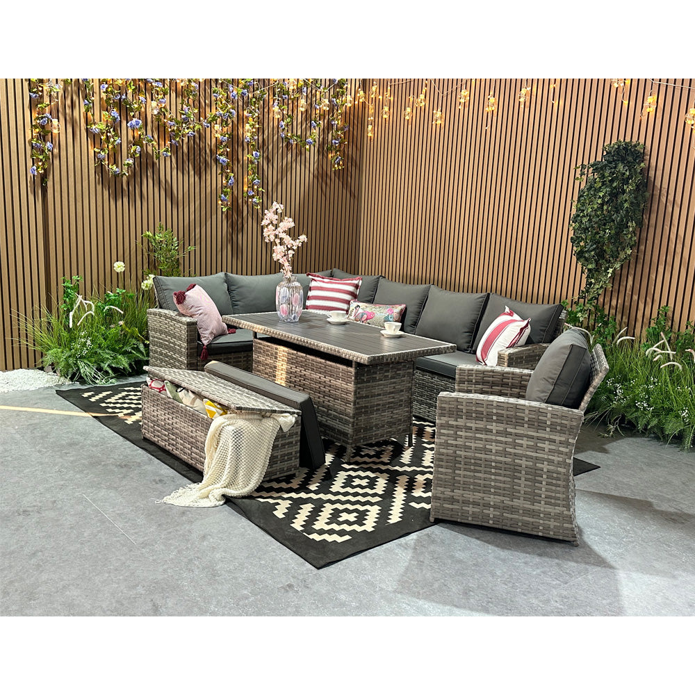 Rosen 9 Seater Rattan Corner Sofa Set With Dining Table And Armchair And Storage Bench