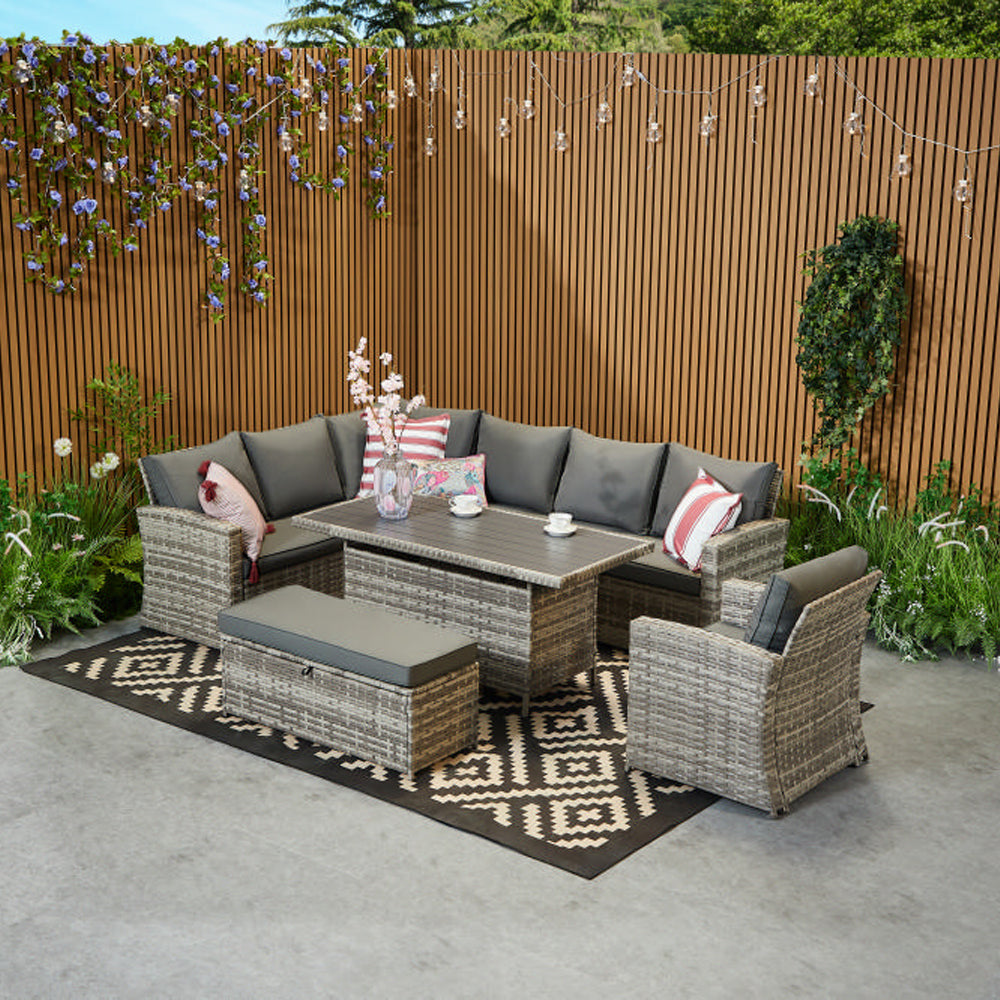 Rosen 9 Seater Rattan Corner Sofa Set With Aluminium Dining Table And Armchair And Storage Bench