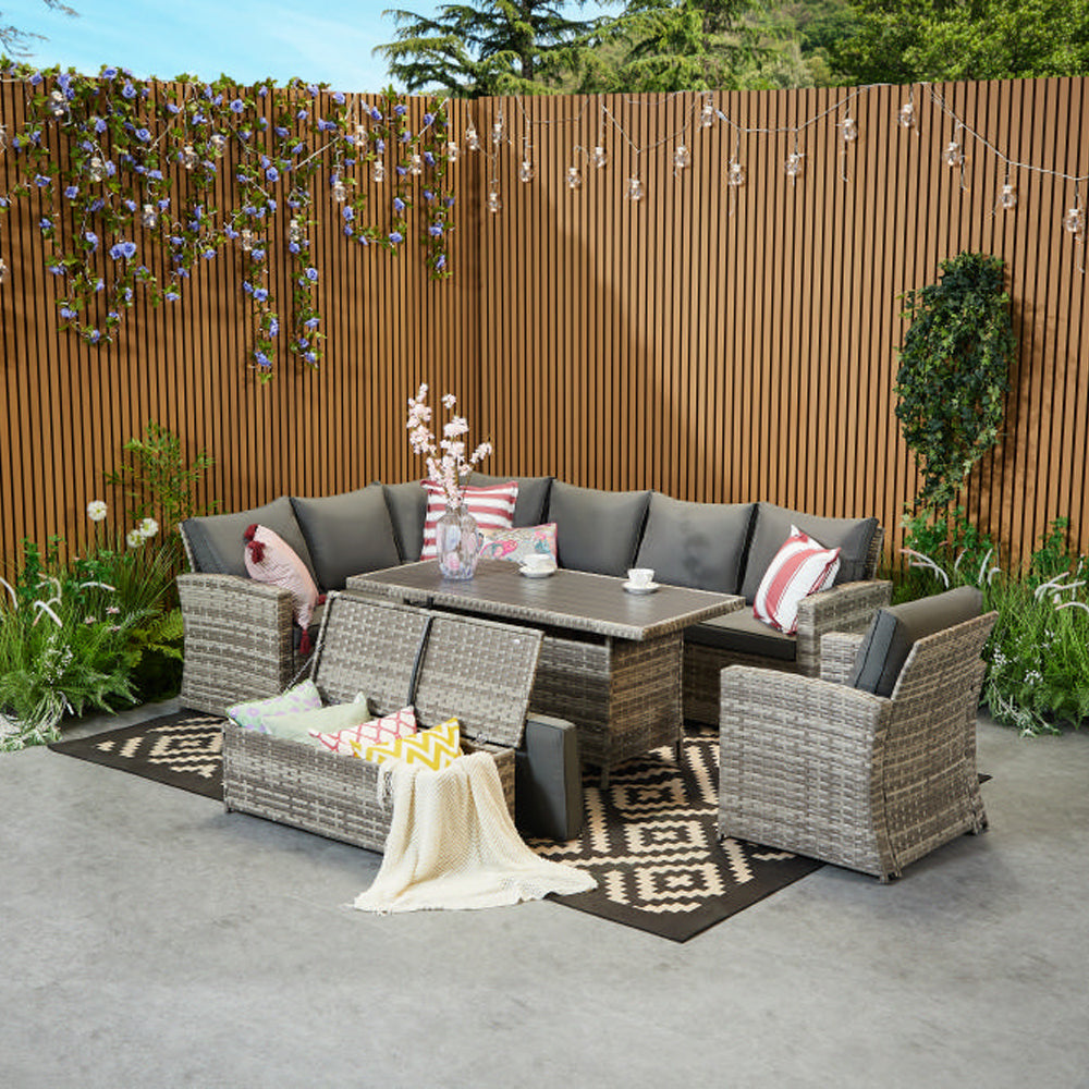 Rosen 9 Seater Rattan Corner Sofa Set With Aluminium Dining Table And Armchair And Storage Bench