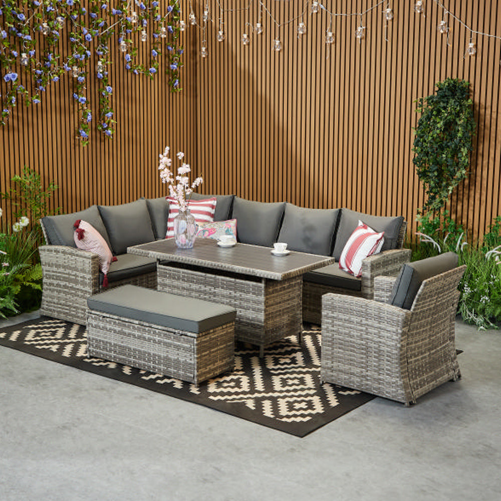 Rosen 9 Seater Rattan Corner Sofa Set With Aluminium Dining Table And Armchair And Storage Bench