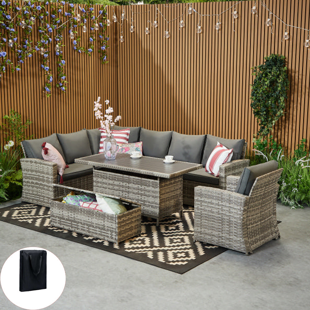 Rosen 9 Seater Rattan Corner Sofa Set With Dining Table And Armchair And Storage Bench