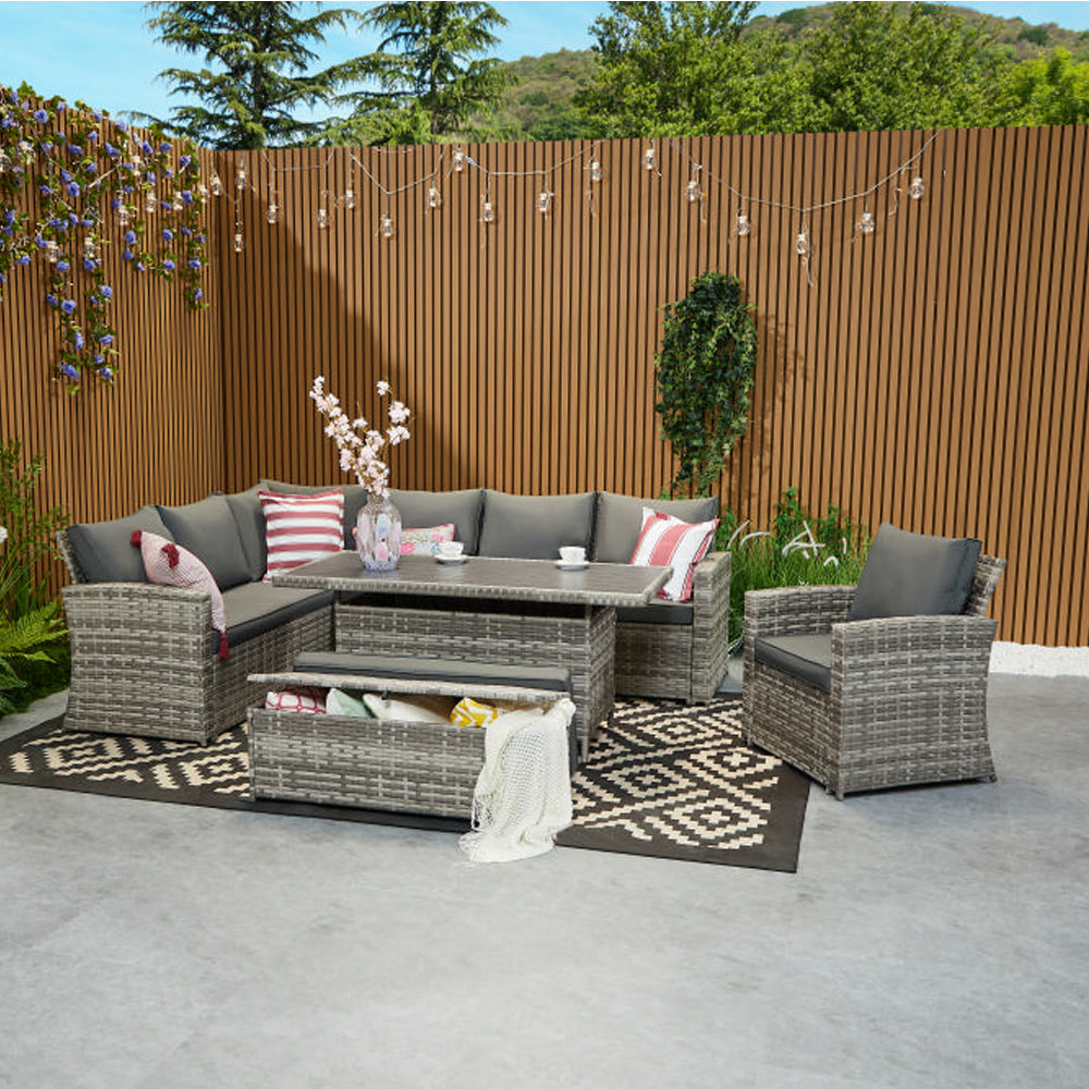 Rosen 9 Seater Rattan Corner Sofa Set With Aluminium Dining Table And Armchair And Storage Bench