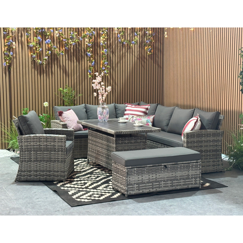 Rosen 9 Seater Rattan Corner Sofa Set With Dining Table And Armchair And Storage Bench