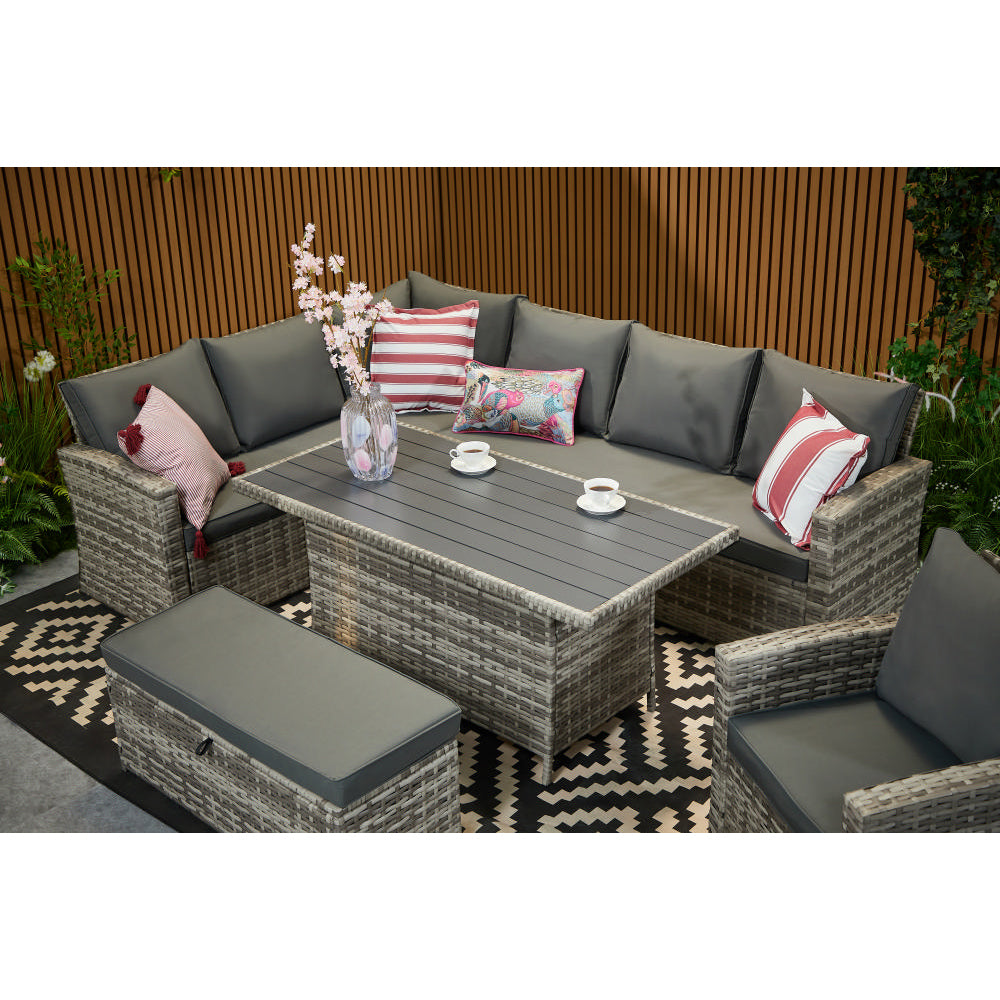 Rosen 9 Seater Rattan Corner Sofa Set With Aluminium Dining Table And Armchair And Storage Bench