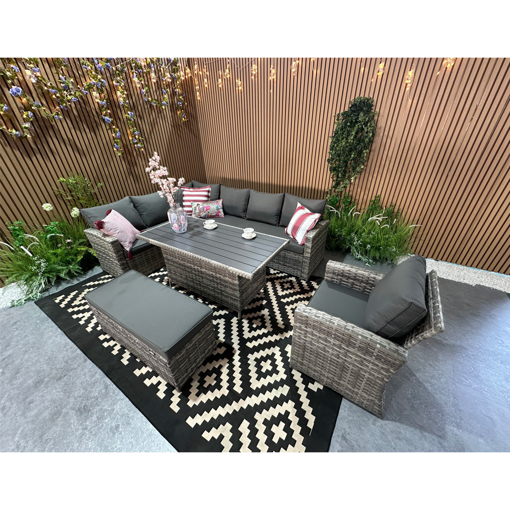 Rosen 9 Seater Rattan Corner Sofa Set With Dining Table And Armchair And Storage Bench