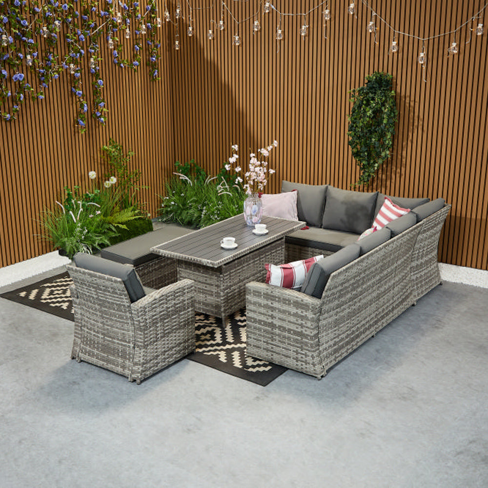Rosen 9 Seater Rattan Corner Sofa Set With Aluminium Dining Table And Armchair And Storage Bench