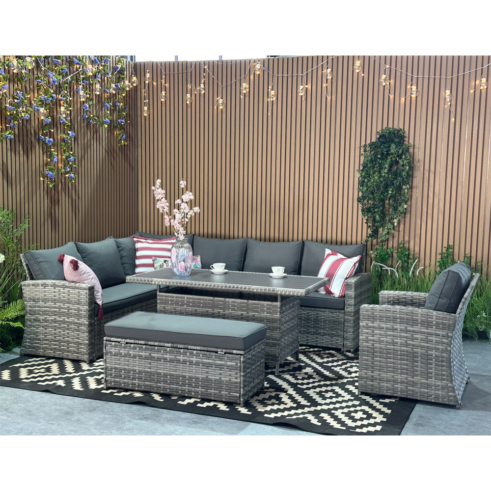 Rosen 9 Seater Rattan Corner Sofa Set With Dining Table And Armchair And Storage Bench