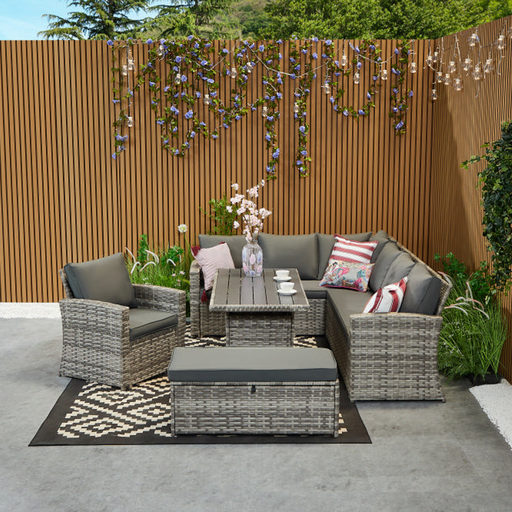 Rosen 9 Seater Rattan Corner Sofa Set With Aluminium Dining Table And Armchair And Storage Bench