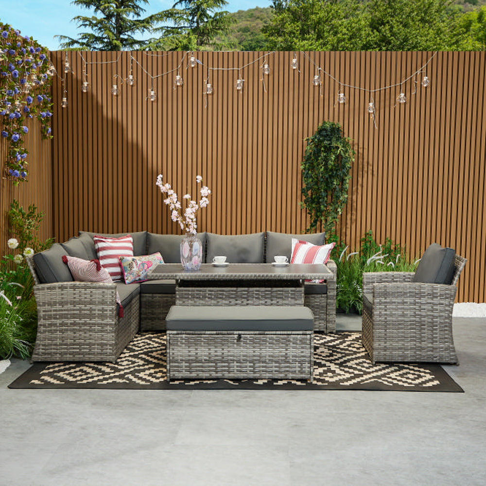 Rosen 9 Seater Rattan Corner Sofa Set With Aluminium Dining Table And Armchair And Storage Bench