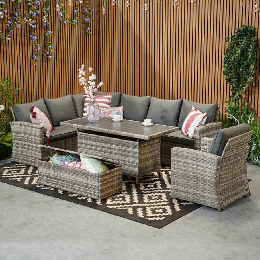 Rosen 9 Seater Rattan Corner Sofa Set With Dining Table And Armchair And Storage Bench