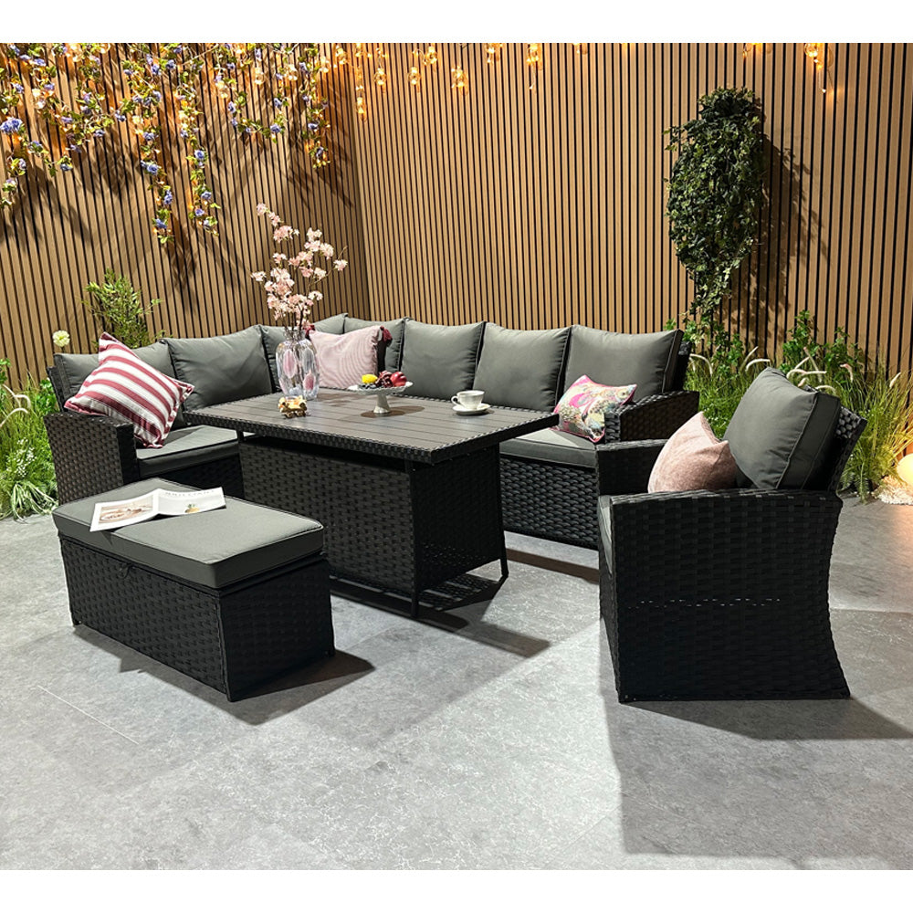 Rosen 9 Seater Rattan Corner Sofa Set With Dining Table And Armchair And Storage Bench