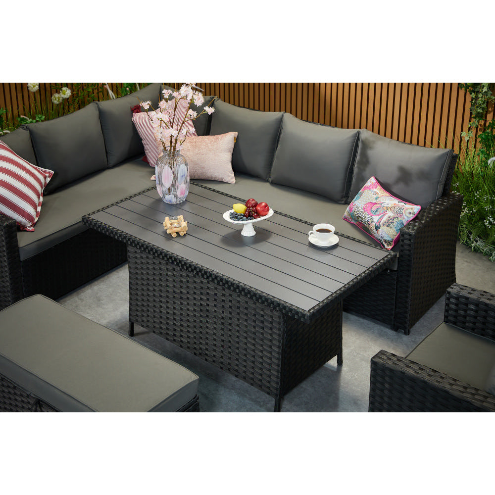 Rosen 9 Seater Rattan Corner Sofa Set With Aluminium Dining Table And Armchair And Storage Bench
