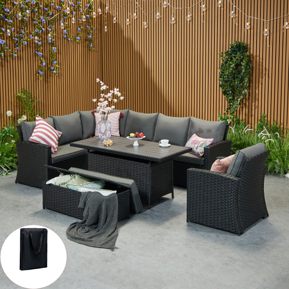 Rosen 9 Seater Rattan Corner Sofa Set With Aluminium Dining Table And Armchair And Storage Bench