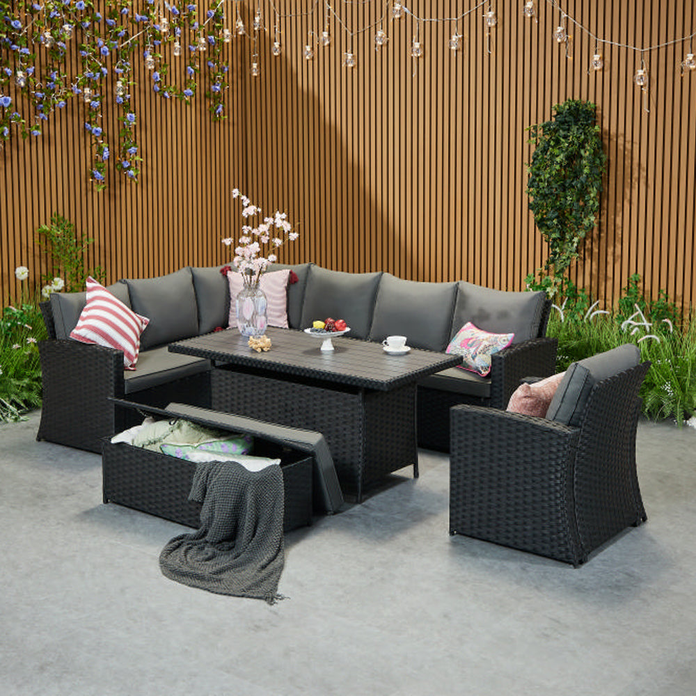 Rosen 9 Seater Rattan Corner Sofa Set With Aluminium Dining Table And Armchair And Storage Bench