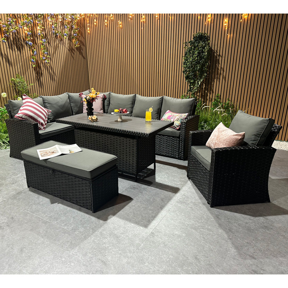 Rosen 9 Seater Rattan Corner Sofa Set With Dining Table And Armchair And Storage Bench