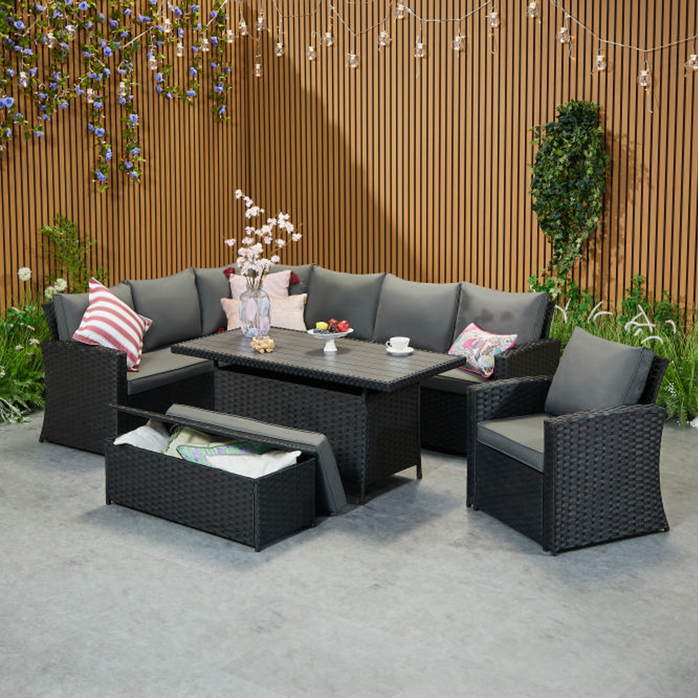Rosen 9 Seater Rattan Corner Sofa Set With Aluminium Dining Table And Armchair And Storage Bench