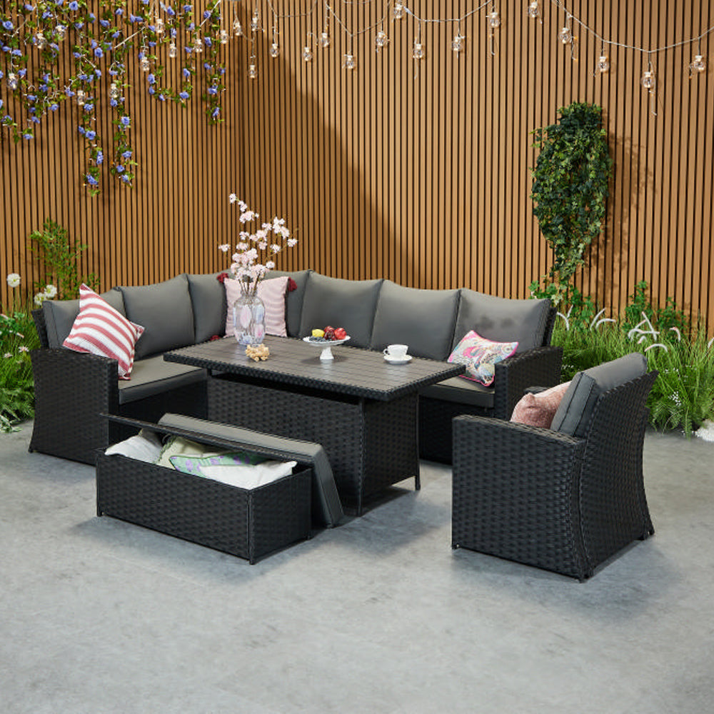 Rosen 9 Seater Rattan Corner Sofa Set With Aluminium Dining Table And Armchair And Storage Bench
