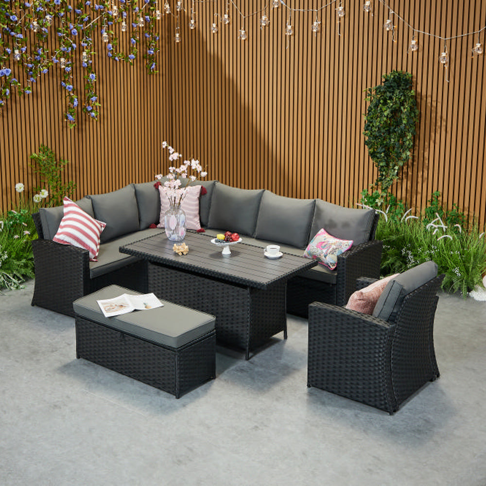 Rosen 9 Seater Rattan Corner Sofa Set With Aluminium Dining Table And Armchair And Storage Bench