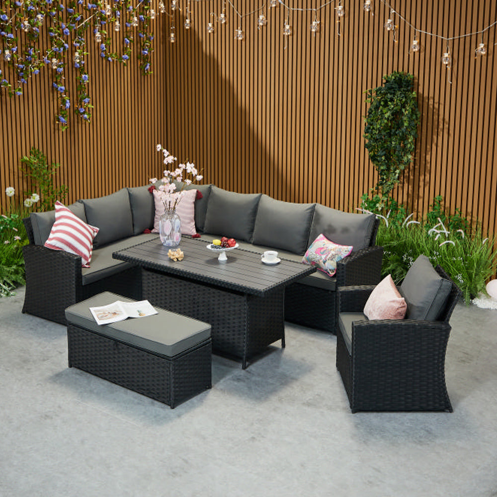 Rosen 9 Seater Rattan Corner Sofa Set With Aluminium Dining Table And Armchair And Storage Bench