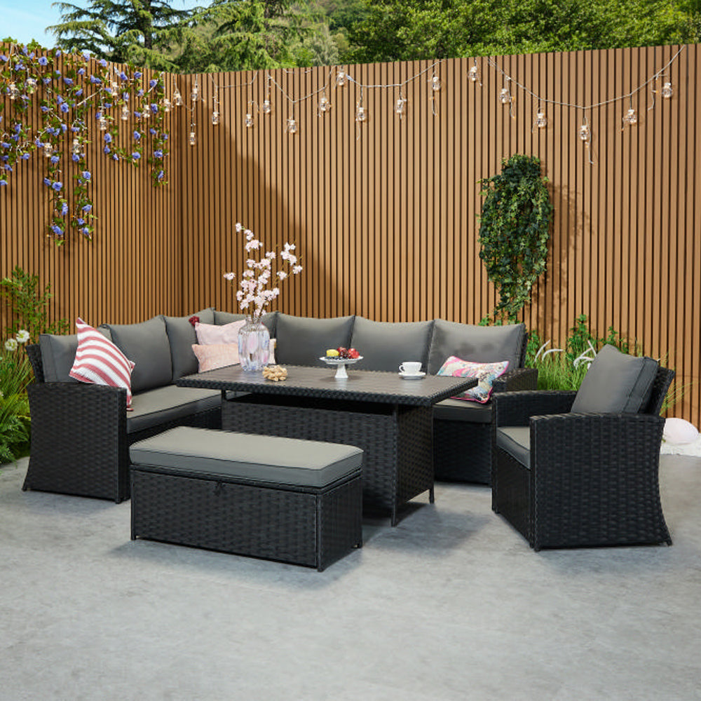 Rosen 9 Seater Rattan Corner Sofa Set With Aluminium Dining Table And Armchair And Storage Bench