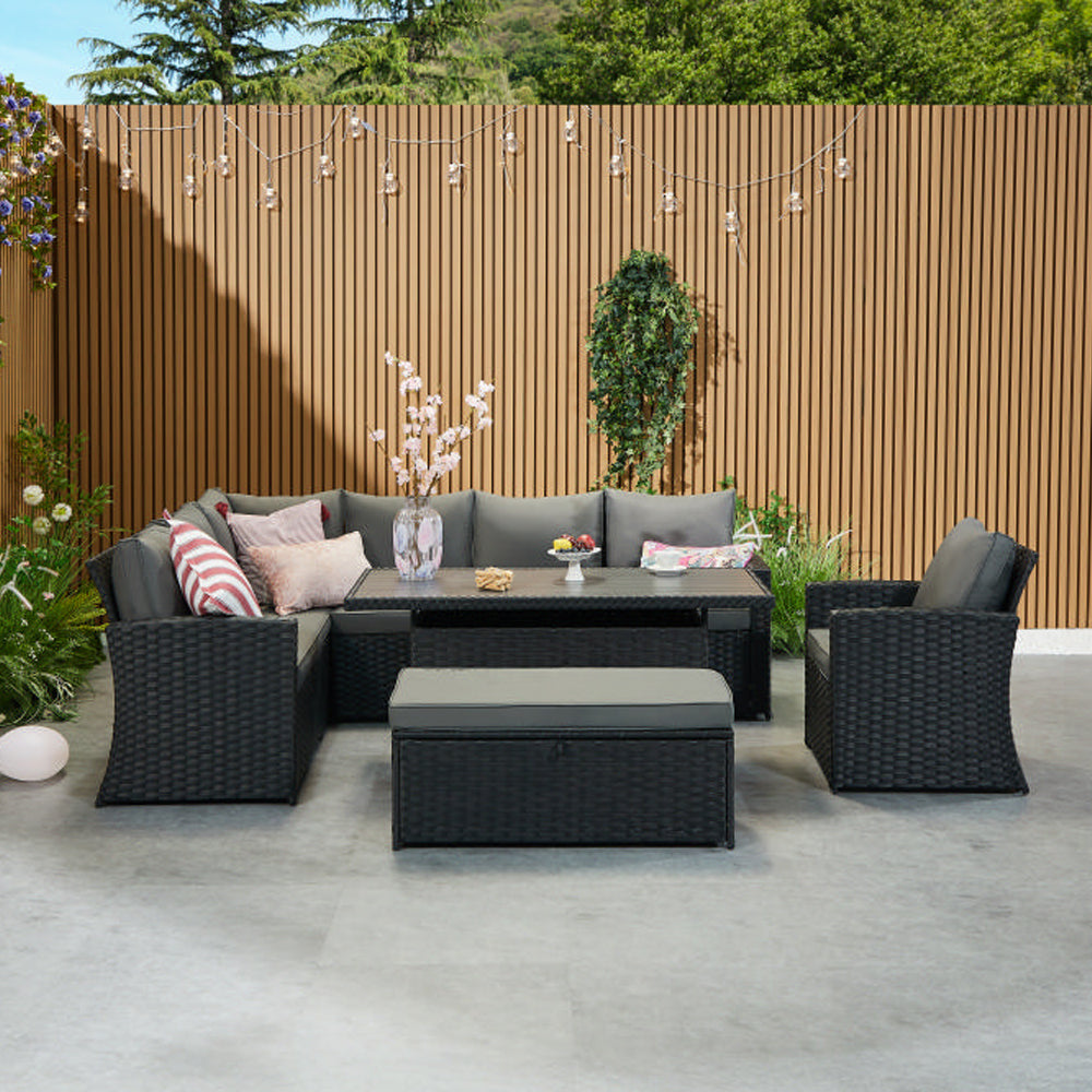 Rosen 9 Seater Rattan Corner Sofa Set With Aluminium Dining Table And Armchair And Storage Bench