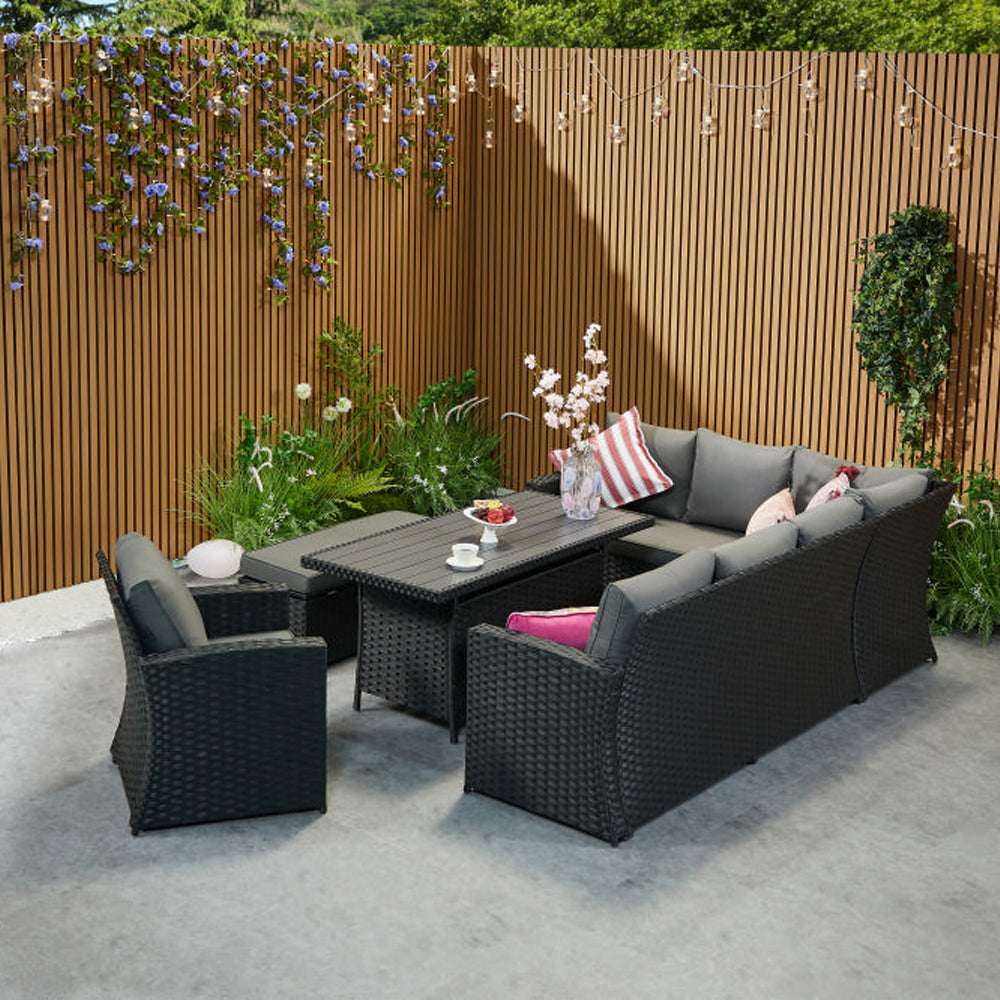 Rosen 9 Seater Rattan Corner Sofa Set With Aluminium Dining Table And Armchair And Storage Bench