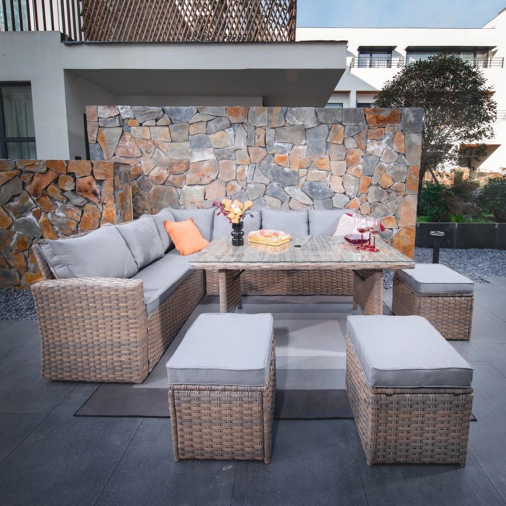 Rosen 9 Seater Rattan Corner Sofa Dining Table With Parasol Hole Set Nature