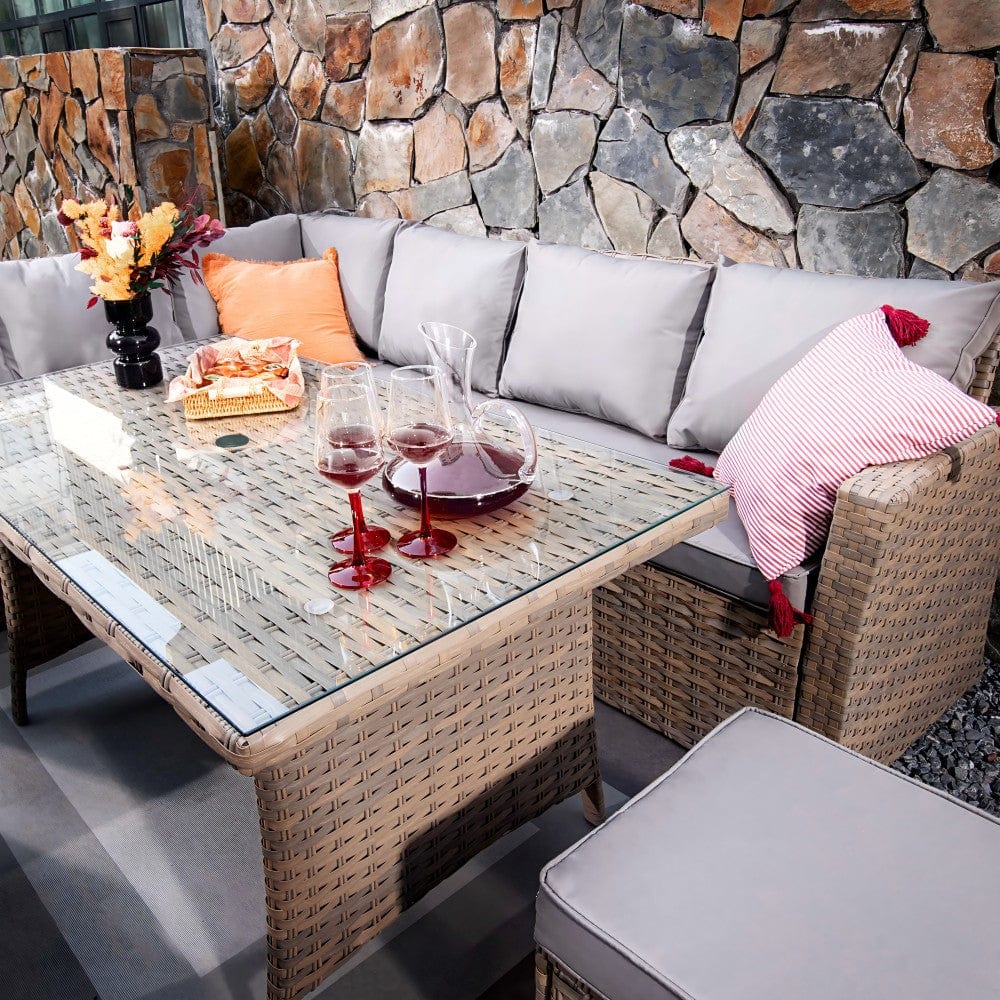 Rosen 9 Seater Rattan Corner Sofa Dining Table With Parasol Hole Set Nature